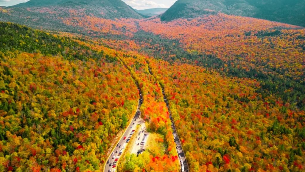 A colorful road trip scene through New England in peak autumn