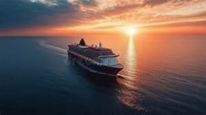 Cruise ship at sunset over calm ocean waters