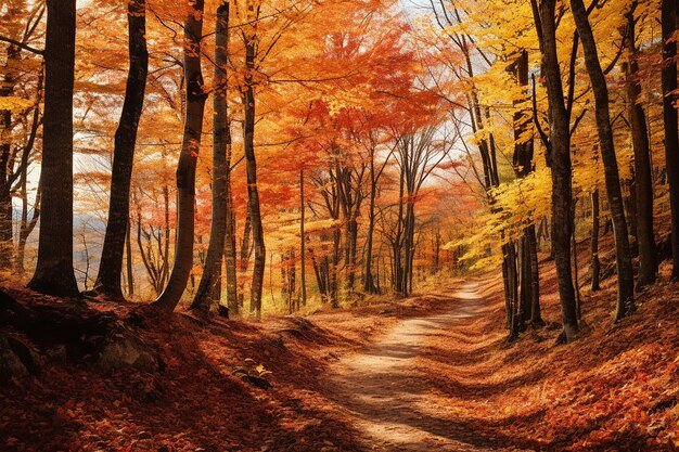 Autumn forest road covered in red, orange, and yellow leaves