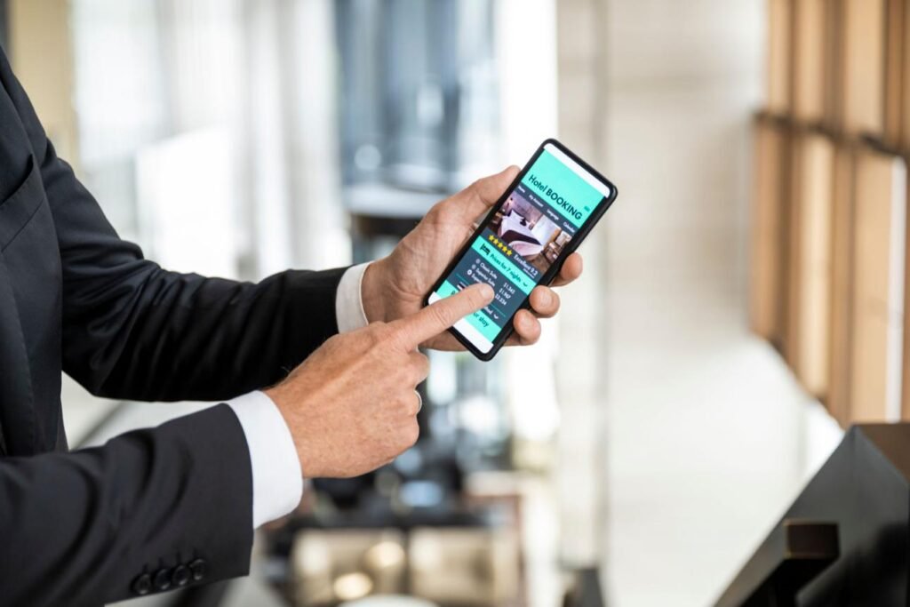 Traveler using Marriott AI-powered travel search tool to book a luxury hotel.