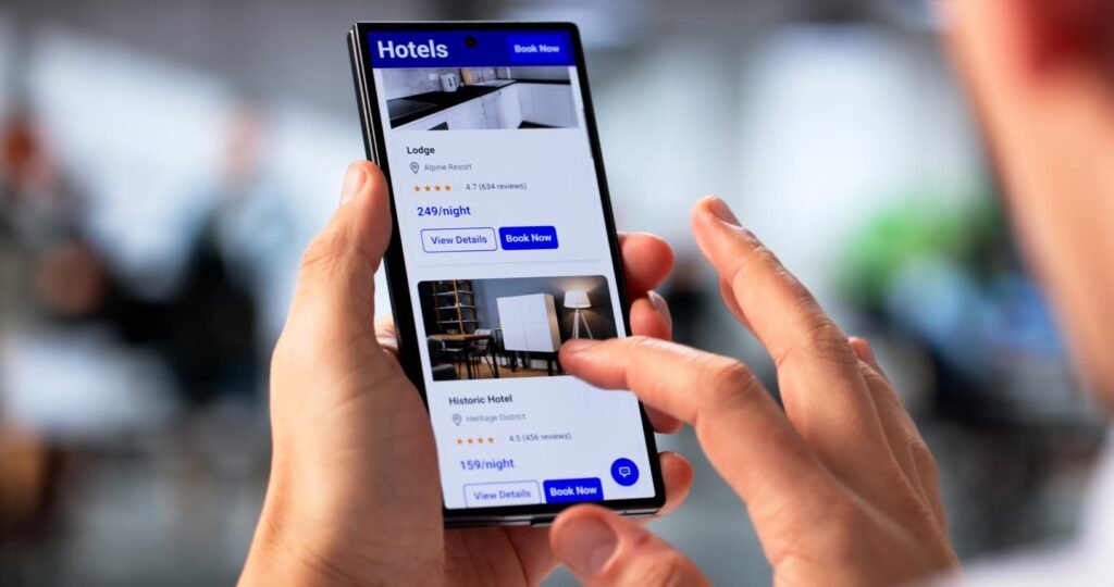 Traveler booking hotel online using smartphone